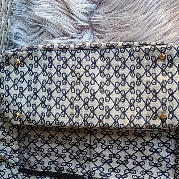 Anya Hindmarch logo blue and gray canvas tote leather handles leather